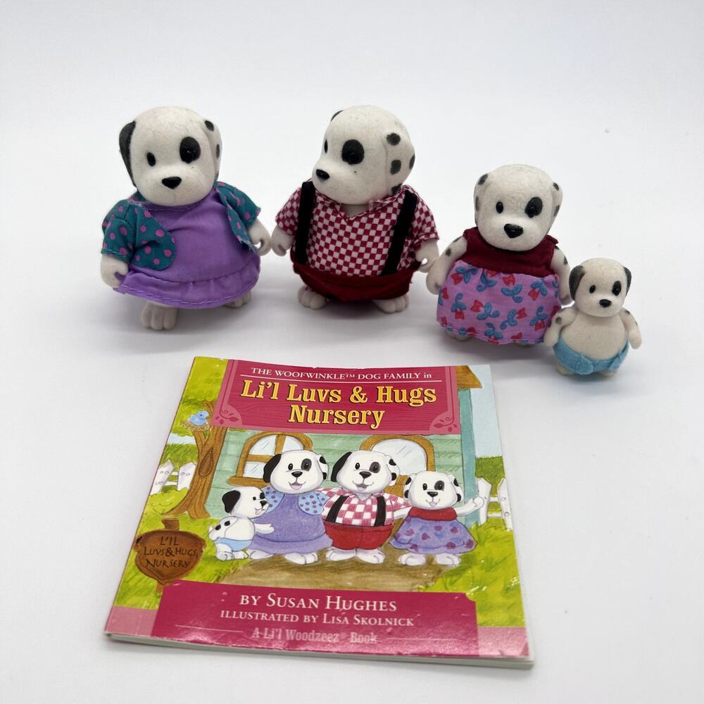 Li'l Woodzeez Dalmatian Dog Woofwinkle Family Flocked Animal Toy Set with Book